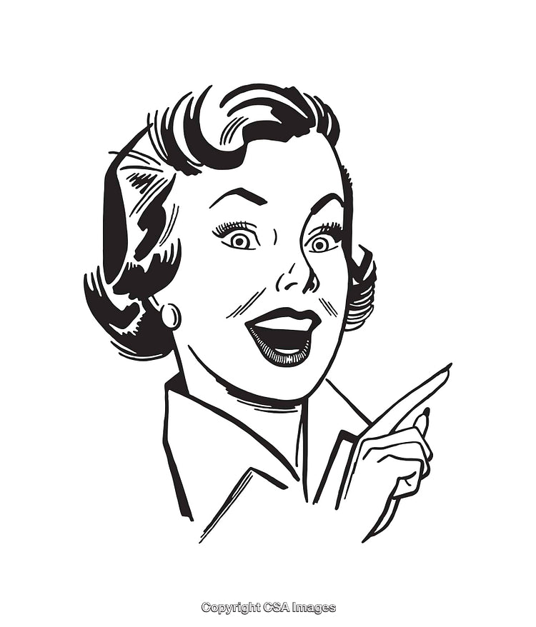 Retro Style Black and White Line Art Cute Excited Woman Illustration
