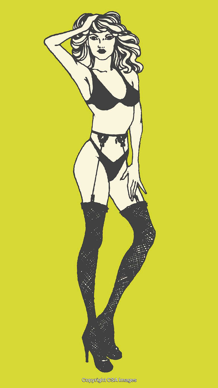 Vintage Inspired Illustration of Woman in Lingerie with High Heels