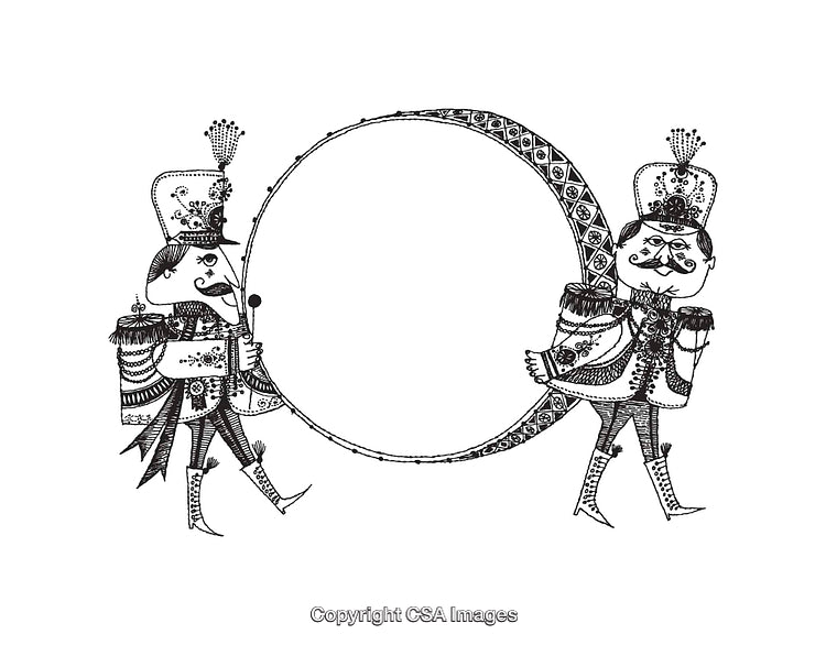 Intricate Black and White Line Art of Two Soldiers Holding a Circular Object