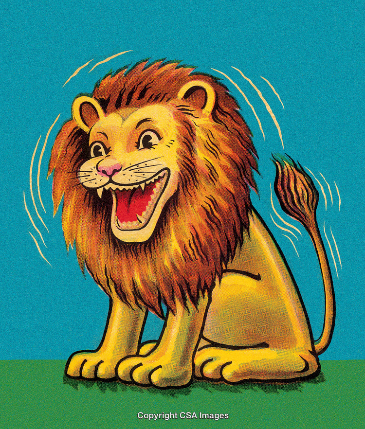 Colorful Illustration of a Cheerful Lion with Animated Expression on a Blue Background