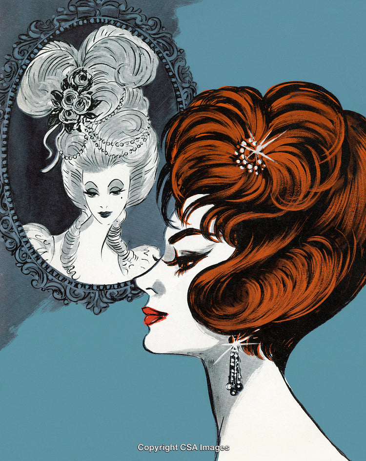 Elegant Fashion Illustration Featuring Woman in Modern and Vintage Hair Styles