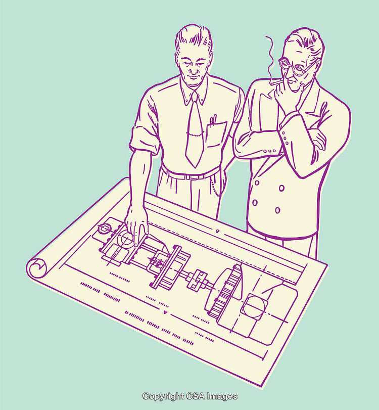 Engineers Reviewing Gear Blueprint in Colorful Line Art Illustration