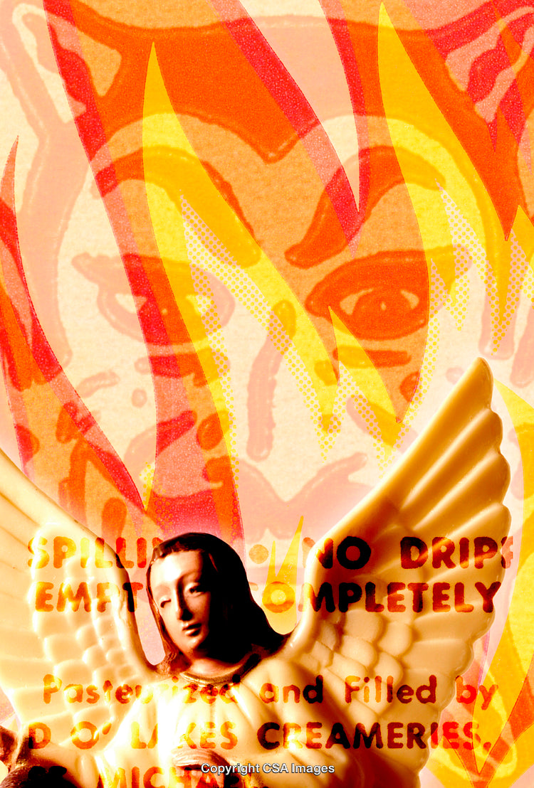 Vibrant Composition Featuring Angel Figure and Bold Fiery Graphics
