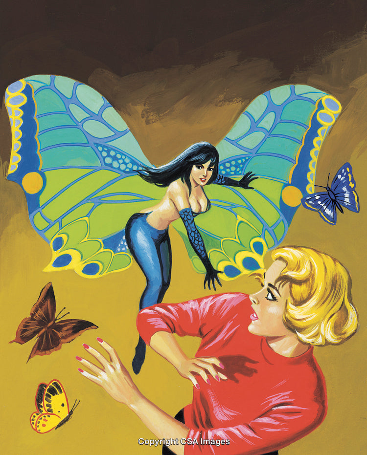 Fantasy Scene Illustrating A Woman With Butterfly Wings and Vibrant Colors