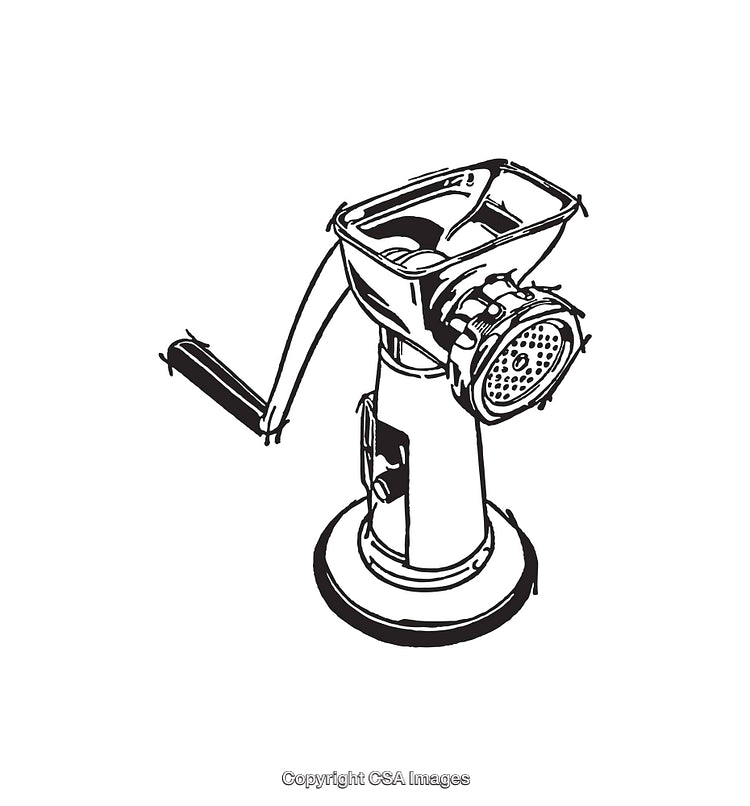 Black-and-White Line Art Illustration of a Manual Meat Grinder