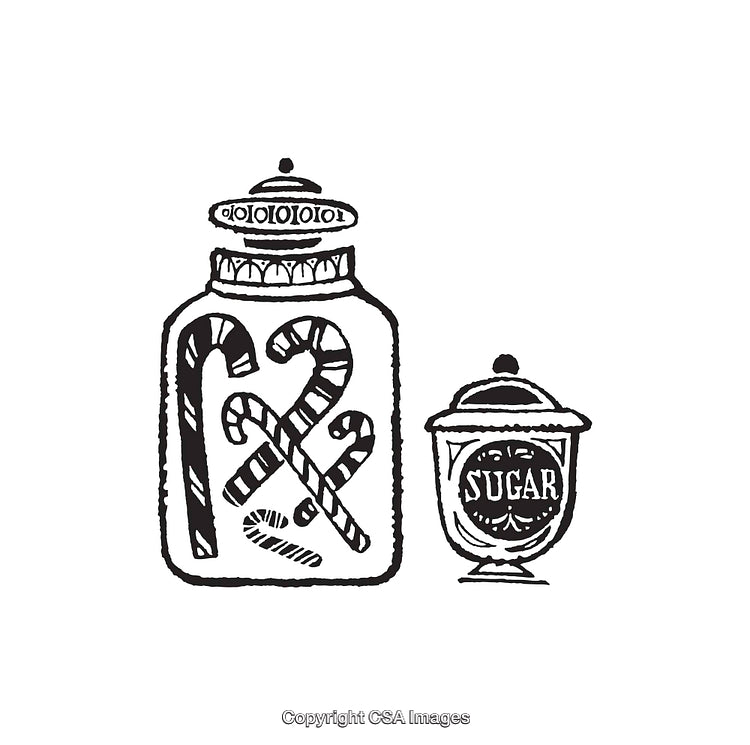Black and White Illustration of Candy Jars with Decorative Details