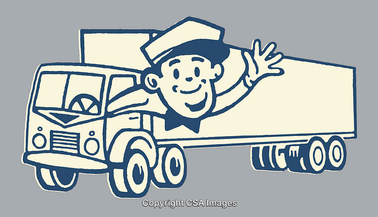 Vintage Illustration of a Happy Truck Driver Waving From a Semi Truck