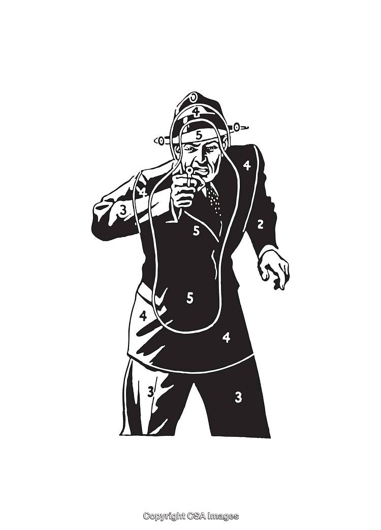 Line Art Illustration of a Man in a Vintage Diving Suit Holding a Device