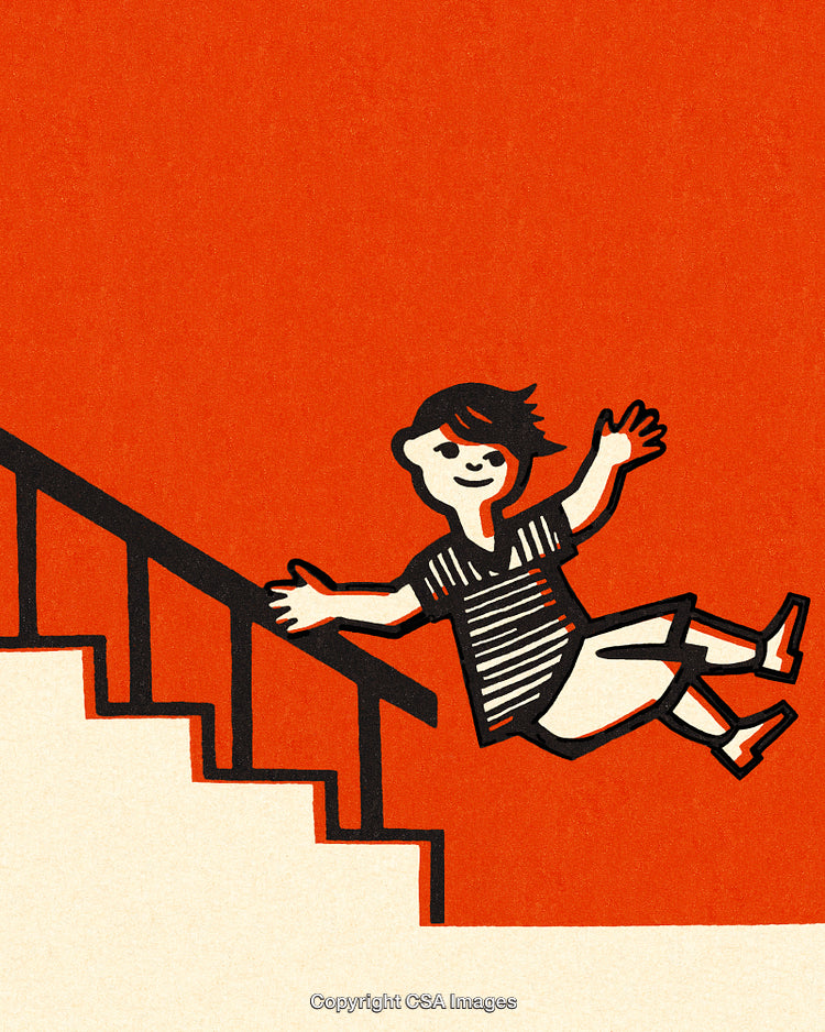 Artistic Illustration of a Joyful Child Sliding Down a Railing in Playful Mood