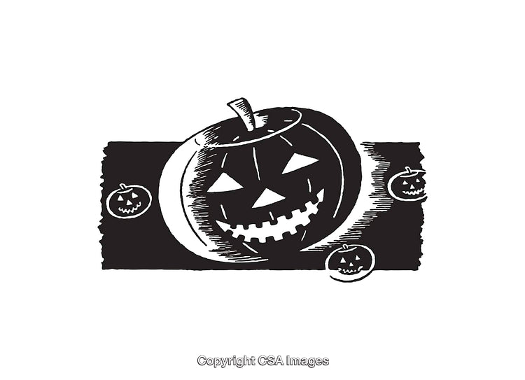 Black and White Line Art Illustration of a Jack-O'-Lantern with Small Pumpkins