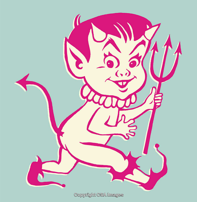 Playful Cartoon Devil Character Holding a Pitchfork in Color Line Art Style