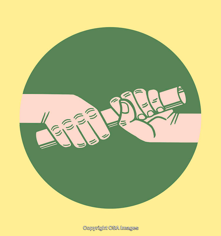 Illustration of Hands Exchanging a Rolled Paper Cylinder in Simple Color Style