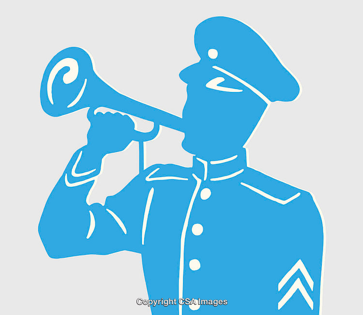 Blue Silhouette Illustration of Bugler in Traditional Uniform
