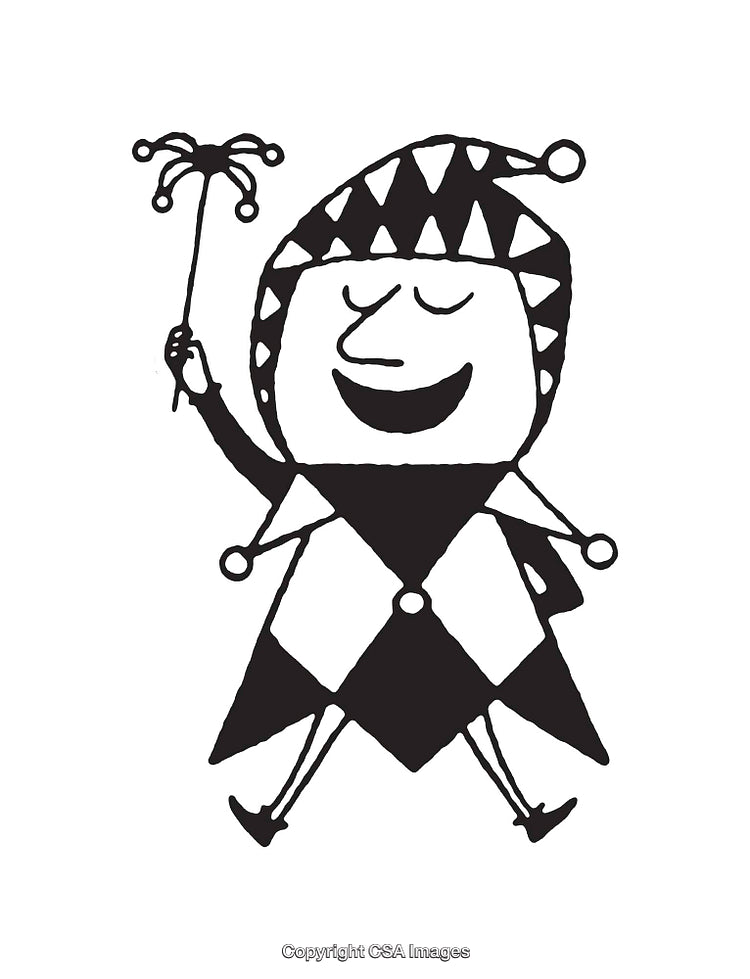 Whimsical Black and White Jester Line Art Illustration