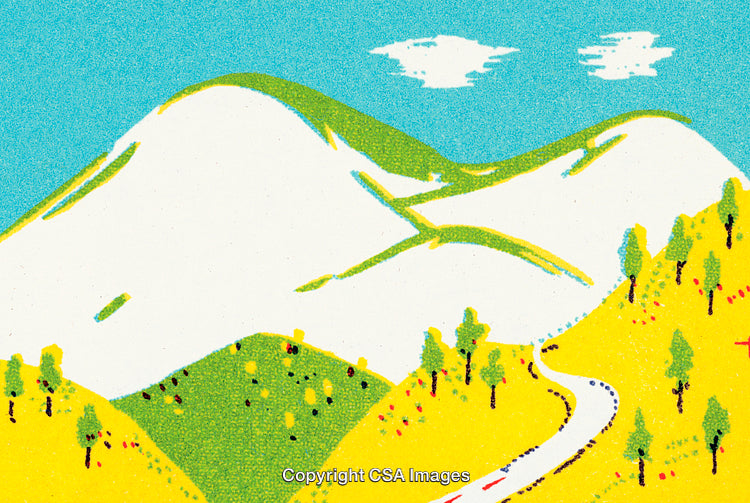 Scenic Illustration of Snow-Capped Mountains with Rolling Hills and Blue Sky