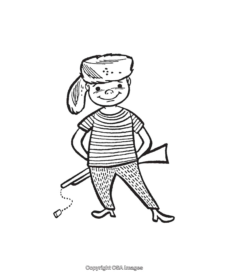 Playful Child Dressed as a Pioneer in Black and White Line Art