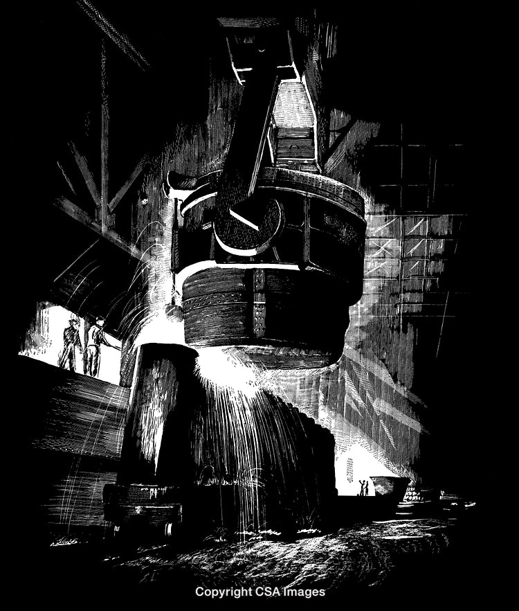 Black and White Engraving Depicting Industrial Steel Forging Scene