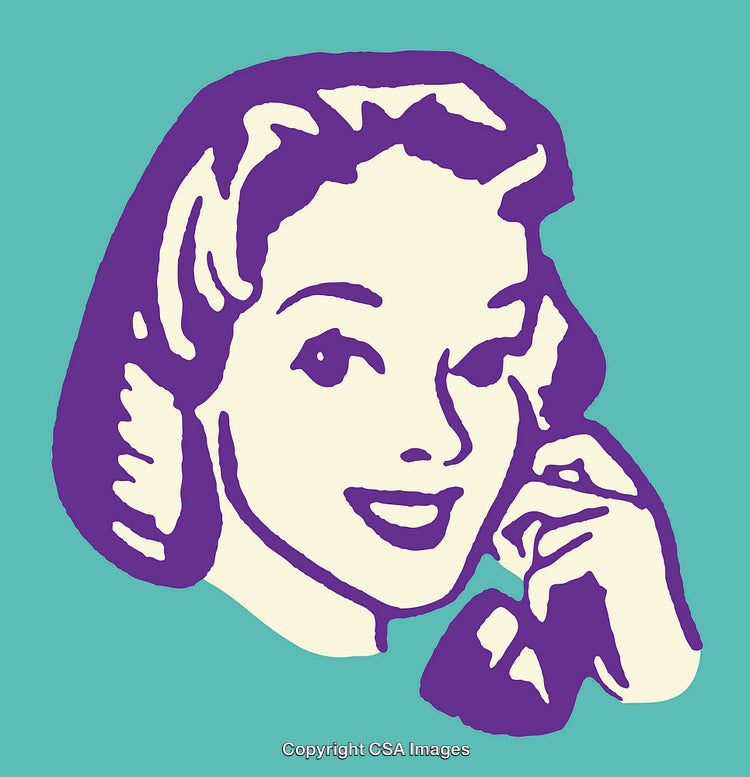 Stylized Retro Illustration of Smiling Woman With Hand to Face