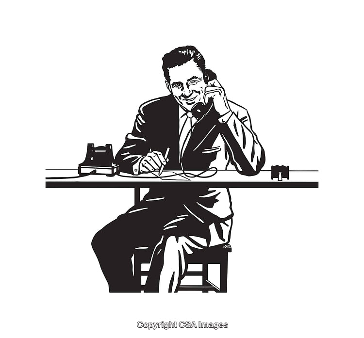 Black and White Illustration of a Businessman Talking on a Telephone