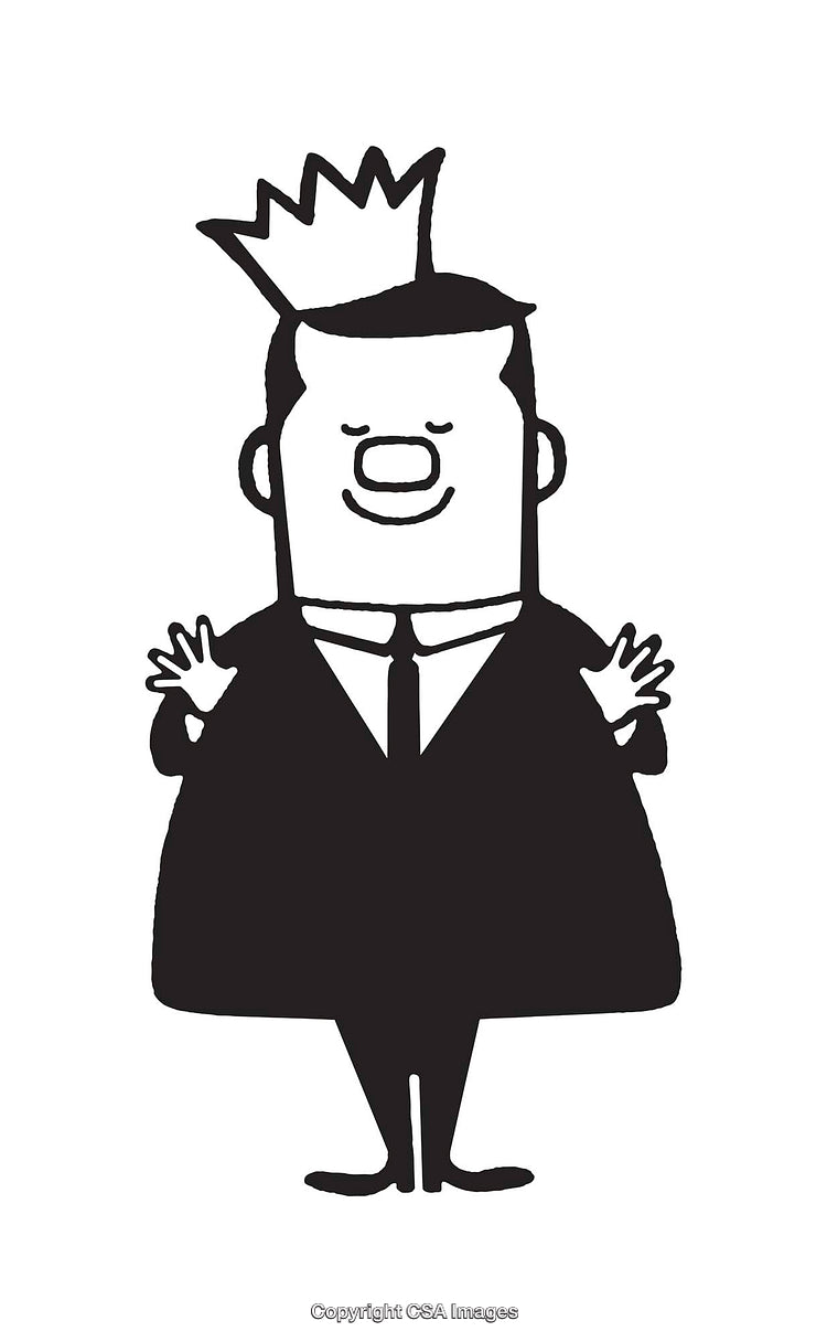 Cartoon Illustration of a Smiling Crowned Businessman Wearing a Suit