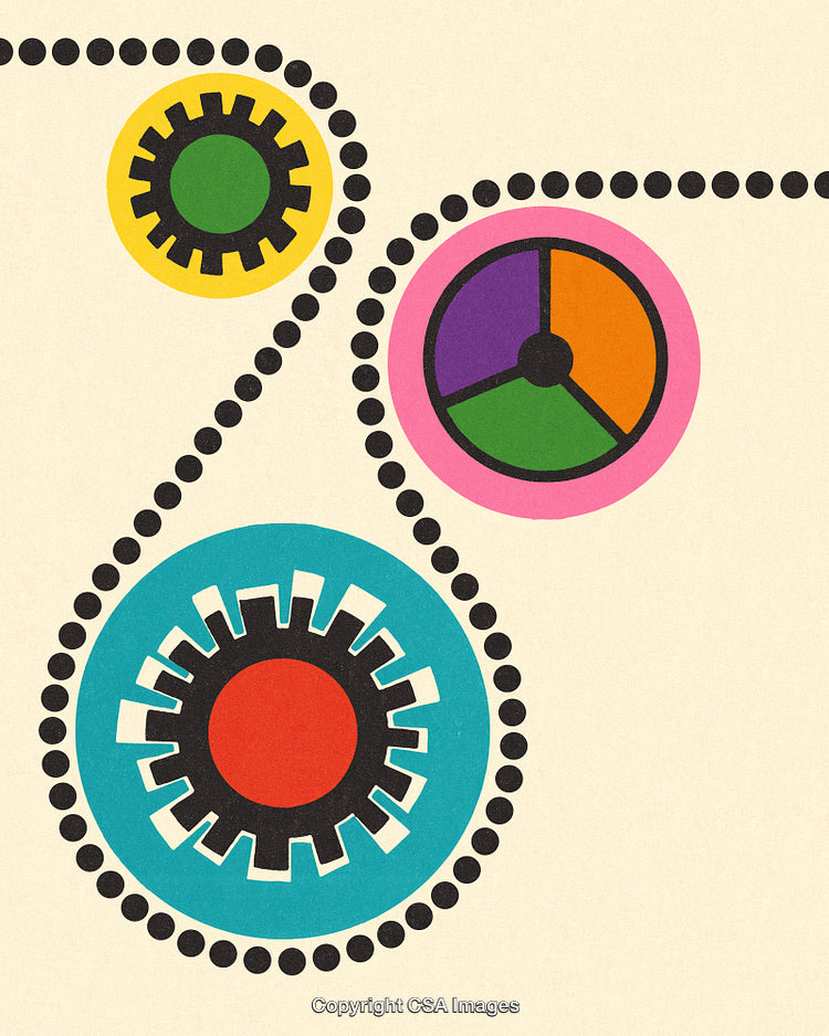 Abstract Design Featuring Cogs and Colorful Elements Representing Connectivity and Interaction