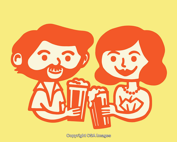 Illustration of a Smiling Couple Toasting With Beer Glasses on Yellow Background