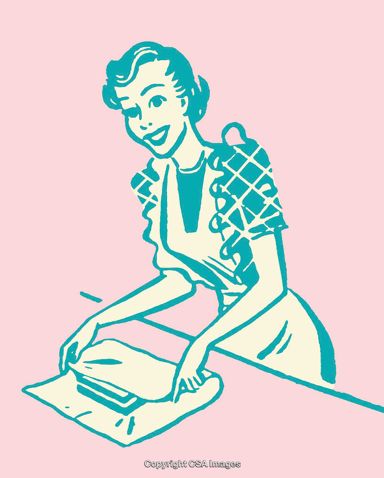 Retro Line Art Illustration of a Smiling Woman Wrapping a Sandwich