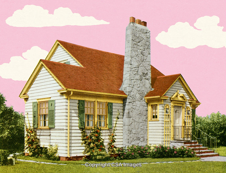 Charming Vintage Cottage with Red Roof Against a Pink Sky