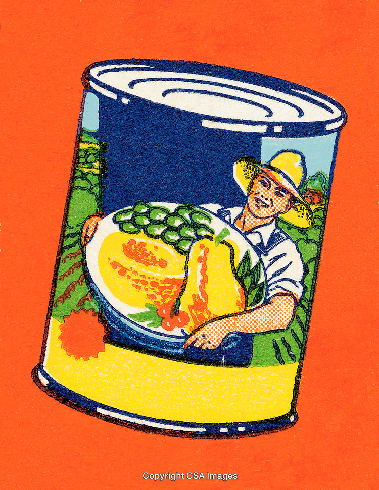 Vintage Graphic of a Canned Food Product with Farmer Illustration