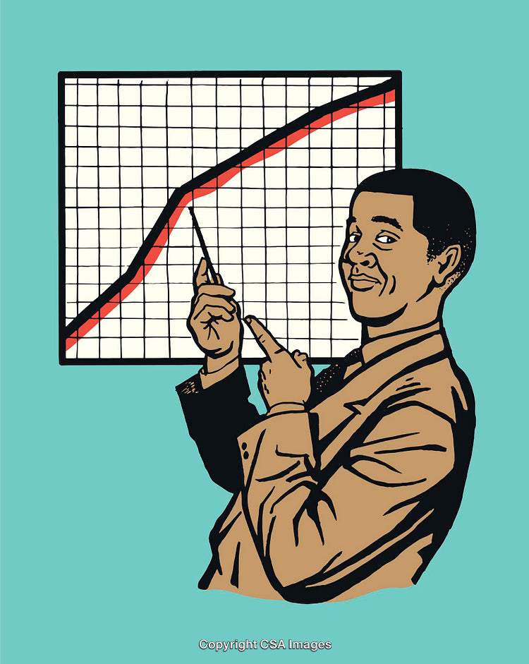 Retro Businessman Presenting Graph with Positive Trend in Line Art Style