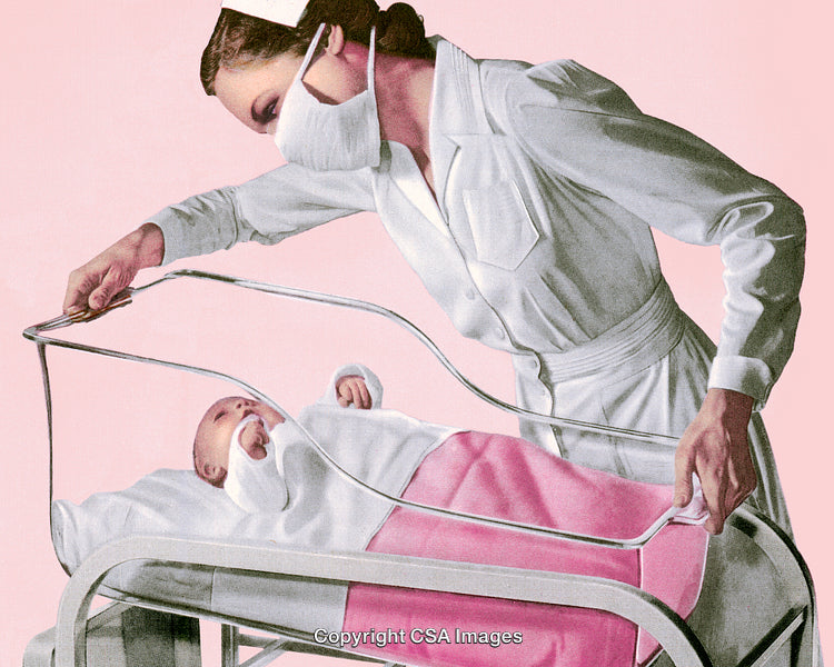 Nurse Caring for an Infant in a Hospital Setting with Pink Tones