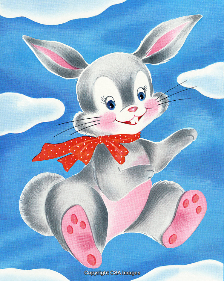 Cheerful Cartoon Bunny Flying in a Blue Sky Among White Clouds