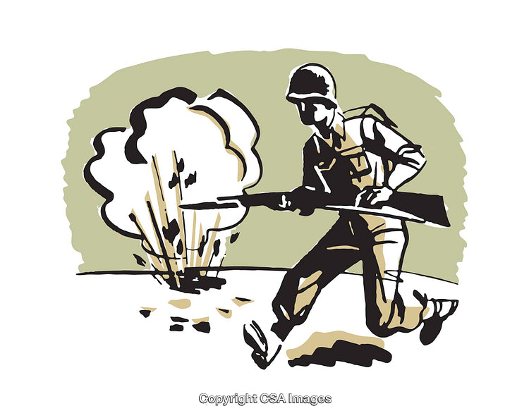 Vintage Illustration of Soldier During an Explosion in Wartime Scene