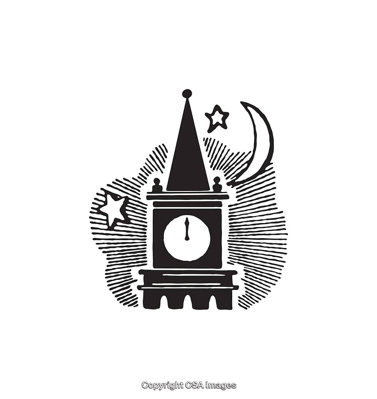 Monochrome Clock Tower Illustration With Moon and Stars in Artistic Design