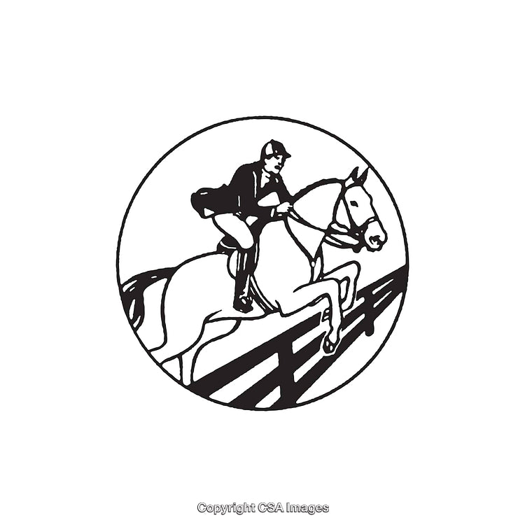 Black and White Illustration of an Equestrian and Horse Jumping a Fence