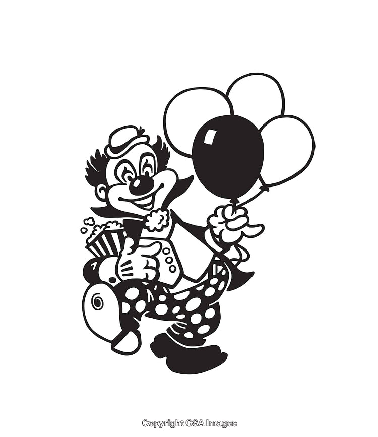 Black and White Line Art of a Cheerful Clown Holding Balloons
