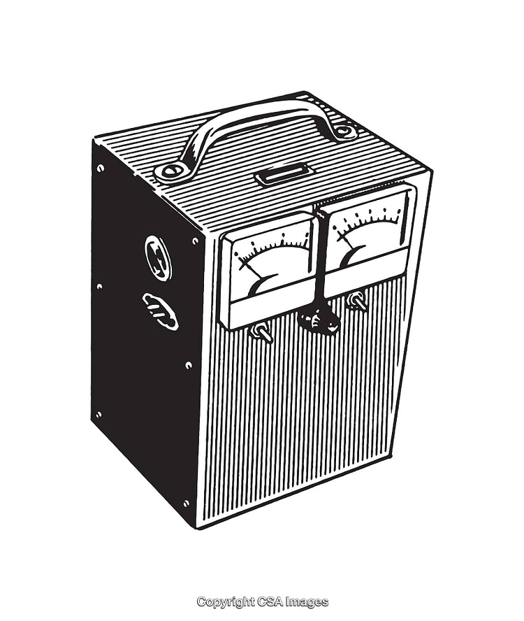 Vintage Electrical Device Illustration with Retro Gauge Meters in Black and White