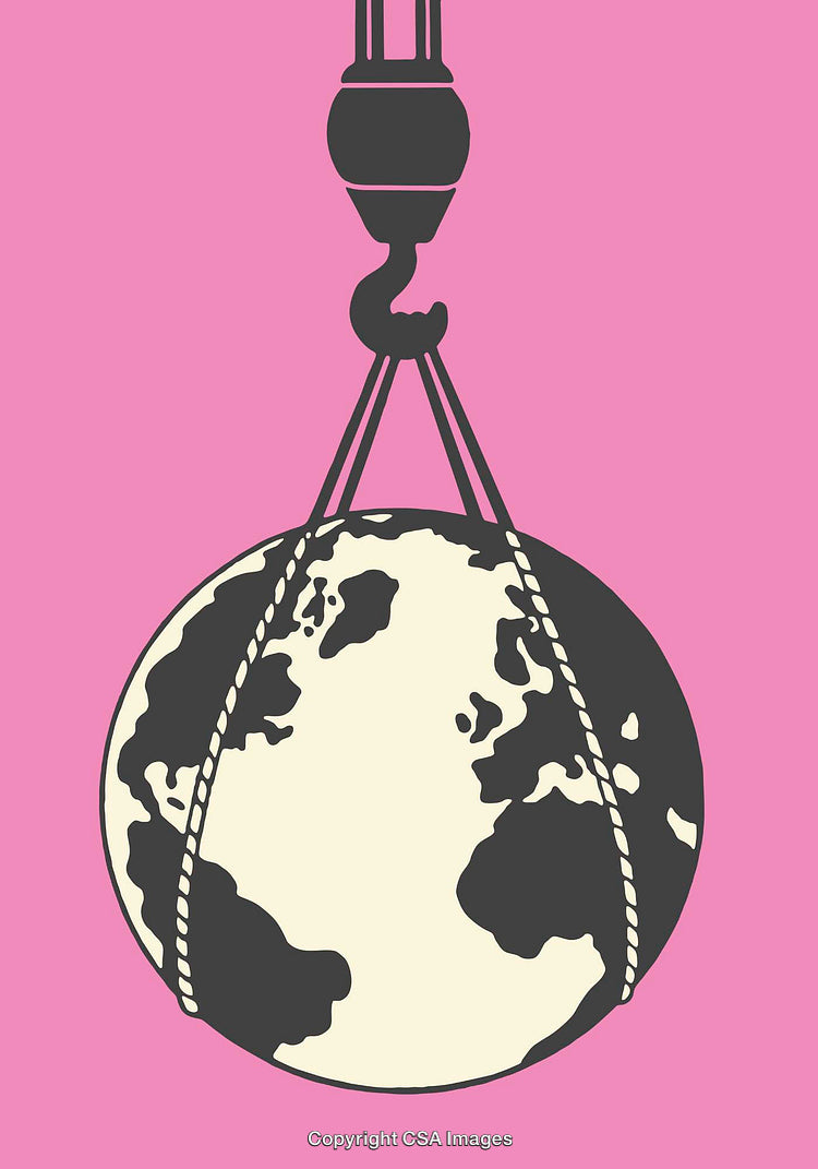 Symbolic Illustration of Earth Suspended by Ropes on a Pink Background