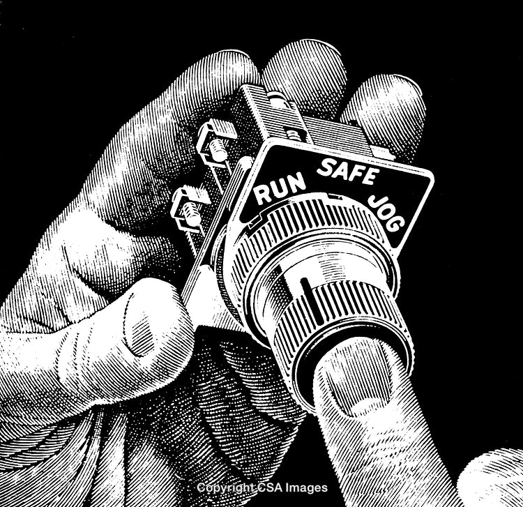 Close-Up of a Hand Adjusting a Knob in Black and White Engraving