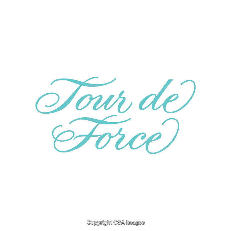 Elegant Script Text Display of the Phrase 'Tour de Force' in Turquoise