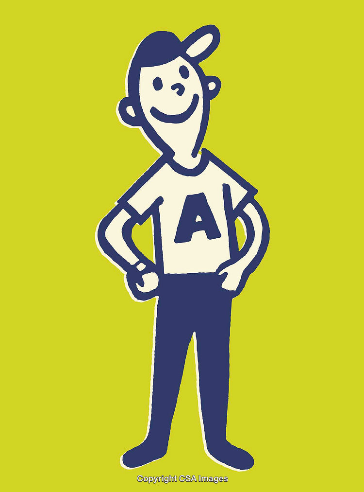 Smiling Cartoon Character on Bright Background Wearing a Hat and Lettered Shirt