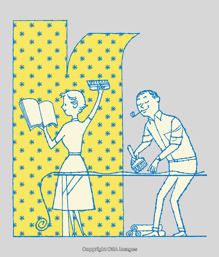 Retro Styled Couple Collaborating on Home Improvement in Colorful Line Art Drawing