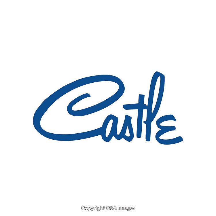 Blue Handwritten Calligraphy of the Word Castle on White Background