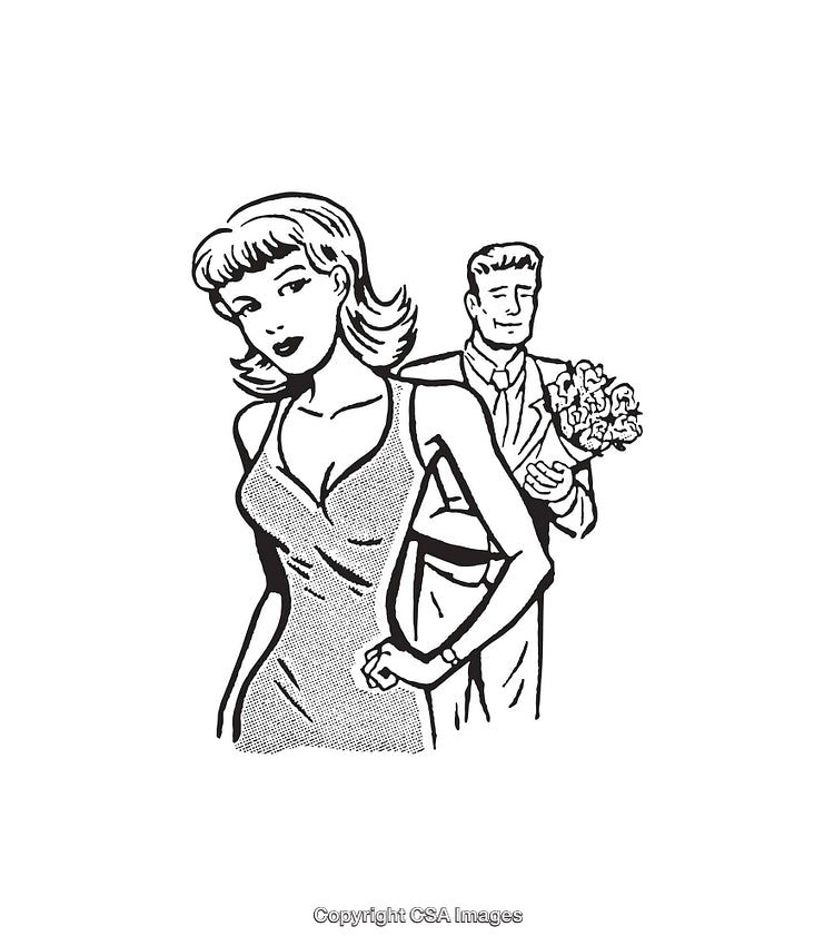 Retro Black and White Line Art of Romantic Couple with Flowers