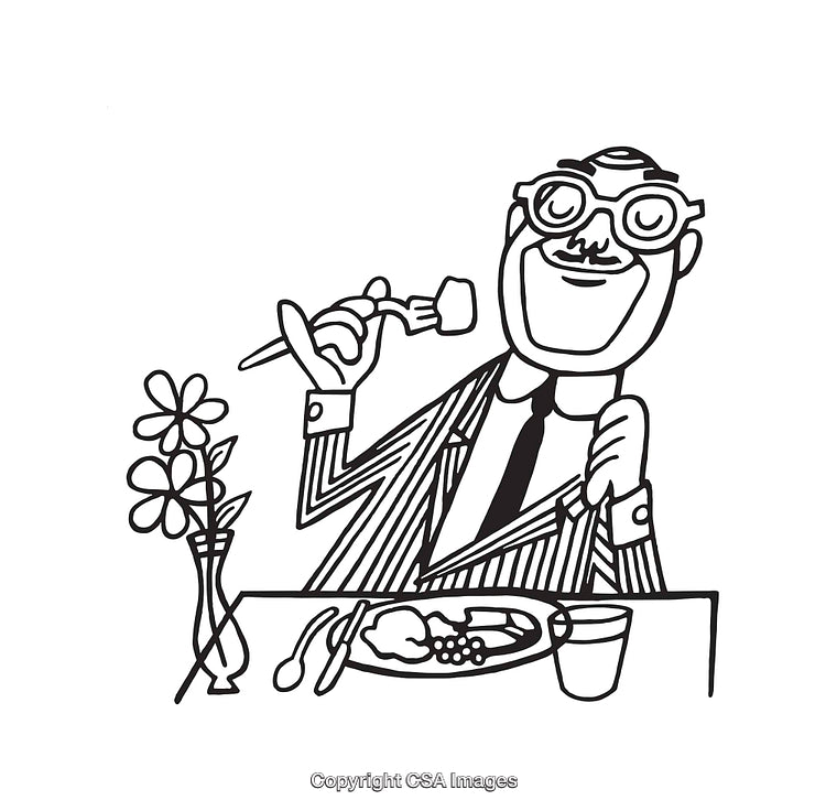 Black And White Line Art of a Man Enjoying Fine Dining