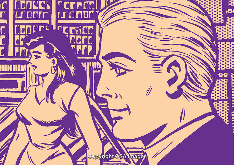 Retro Style Urban Illustration Featuring Two People in a Modern Cityscape
