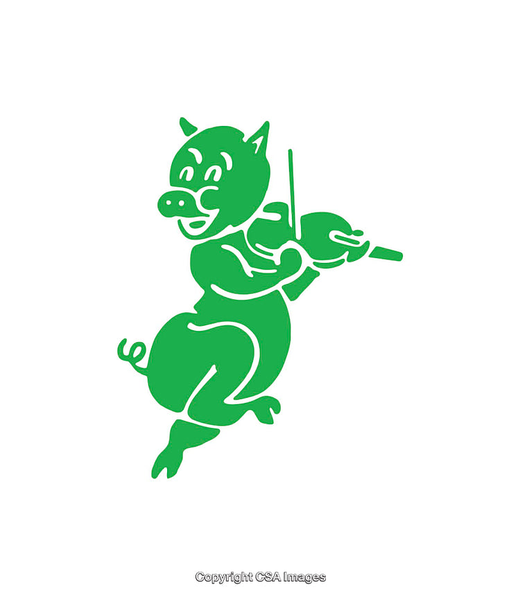 Playful Green Pig Cartoon Playing Violin on White Background