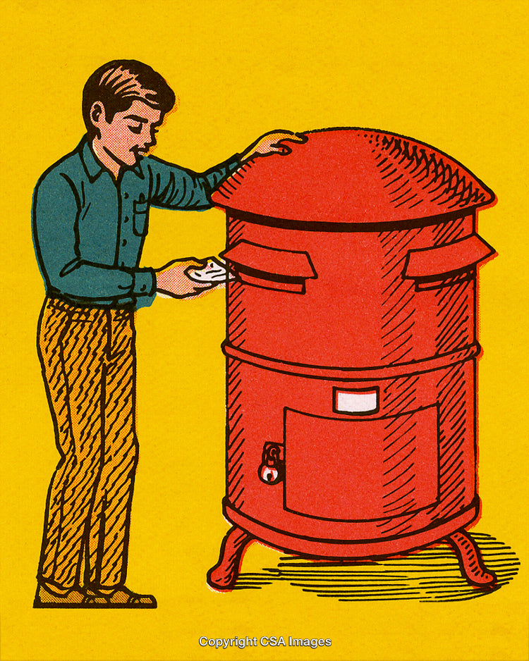 Vintage Illustration of a Man Mailing a Letter in a Red Post Box