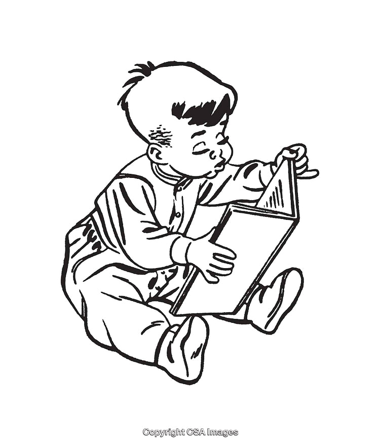 Vintage Line Art Illustration of a Young Boy Reading a Book