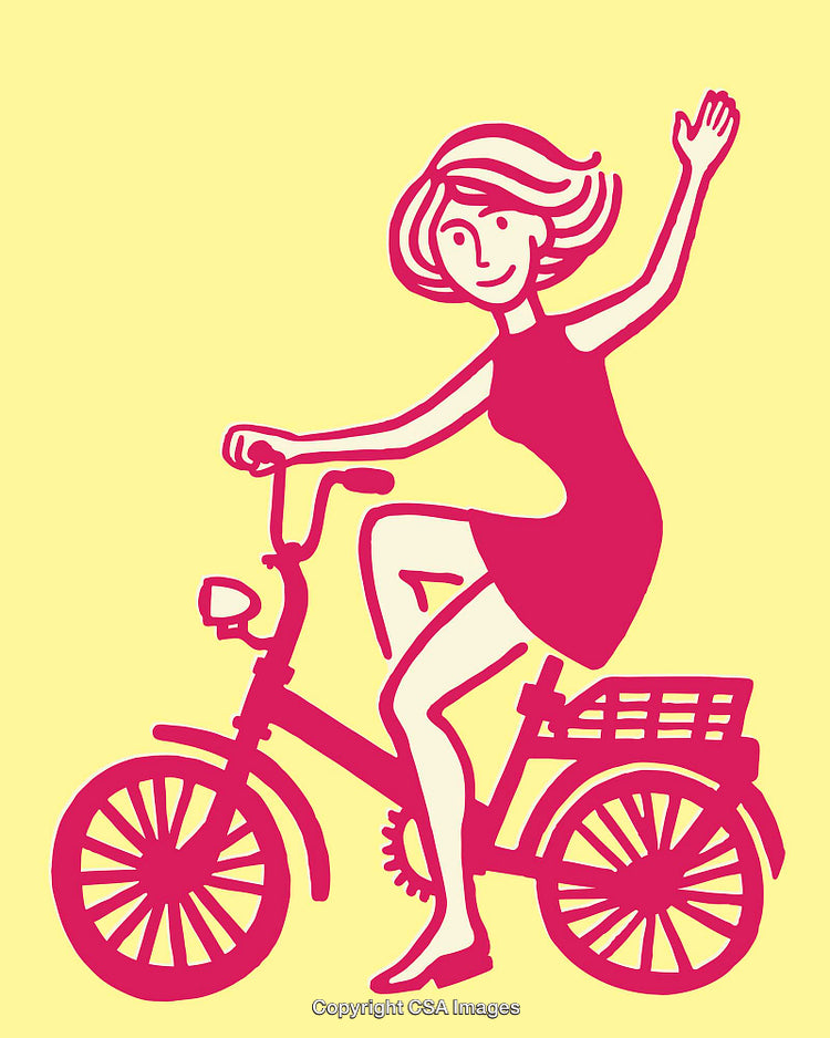 Color Line Art Illustration of a Woman Riding a Bicycle and Waving